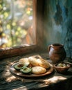 Rustic table with arepas, cheese, avocado, and arequipe. A warm and authentic breakfast scene Royalty Free Stock Photo