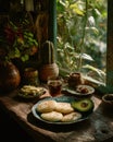 Rustic table with arepas, cheese, avocado, and arequipe. A warm and authentic breakfast scene Royalty Free Stock Photo