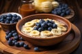 Rustic table with bowl banana oatmeal. Generate Ai