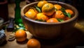 Rustic table, bowl of citrus fruit freshness generated by AI