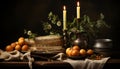 Rustic table decoration candle, wood, fruit, vegetable, flower, still life generated by AI