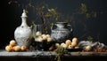 Rustic table decoration old fashioned crockery, fresh fruit, organic wine generated by AI Royalty Free Stock Photo