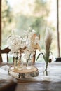 Rustic table decorations outdoors. Flower bouquets, dry wild flowers in glass jars on a wooden tub lying on a festive Royalty Free Stock Photo