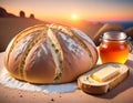 A rustic table displays freshly baked bread, honey, and almonds