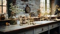 Rustic table with fresh flowers brings elegance to modern kitchen generated by AI