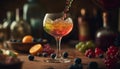 A rustic table with fresh fruit, wine, and whiskey bottles generated by AI Royalty Free Stock Photo