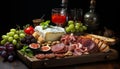 Rustic table, gourmet buffet, fresh wine, smoked meat variation generated by AI