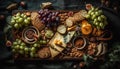 A rustic table with a gourmet composition of fresh food generated by AI