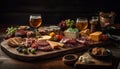 Rustic table with gourmet meat, wine, and fresh appetizers generated by AI