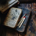 Rustic table with old book and matches Royalty Free Stock Photo