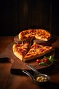 Rustic table, pizza placed on a wooden board, pizza presentation and garnishing techniques Royalty Free Stock Photo