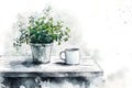 Rustic Table with Plant and Coffee Mug, ai generated Royalty Free Stock Photo