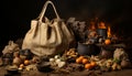 Rustic table, pumpkin lantern, homemade bread, spooky decoration, rural scene generated by AI Royalty Free Stock Photo