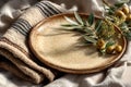 Rustic Table Setting with Ceramic Plate, Olives, and Linen Towel for Mediterranean Dining Decor Generative AI Royalty Free Stock Photo
