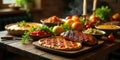 A rustic table setting featuring a delicious grilled main course, savory tart, and an array of appetising side dishes. Generative Royalty Free Stock Photo