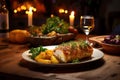 A rustic table setting with a platter of Chicken Kiev accompanied by roasted vegetables and fresh herbs, evoking a homely and comf Royalty Free Stock Photo