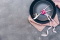 Rustic table setting with vintage ceramic plates and branch on blue old wooden table Royalty Free Stock Photo