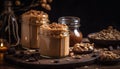 Rustic table showcases gourmet snack with chocolate, almond, and oatmeal generated by AI