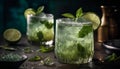 A rustic table with a spearmint mojito and lemon slice generated by AI