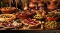 Rustic table with traditional Mediterranean dishes and ingredients