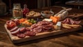 Rustic table, wood board, sliced prosciutto, smoked salami, gourmet meal generated by AI