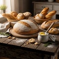 A rustic tabletop scene features an assortment of freshly baked bread Royalty Free Stock Photo