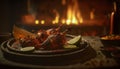 Rustic Tandoori Chicken served in clay dish on wooden table with grill flames in background