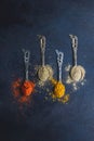 Rustic teaspoons with spices on dark background. Top view. Royalty Free Stock Photo