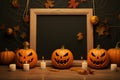 A Rustic Template With A Grainy Frame Showcasing Halloween Pumpkins Expressions