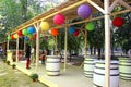 Rustic terrace with colorful lamps