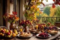 a rustic terrace filled with pots with autumn flowers and a vine full of red leaves and bunches of grapes.