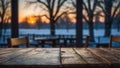 Cozy Winter Cafe Scene with Rustic Wooden Table and Sunset View Royalty Free Stock Photo