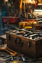 Rustic Tool Box Interior with Assorted Work Tools and Textures, Portrait Images Generative AI Royalty Free Stock Photo