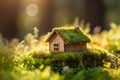 A Rustic Touch to Spring: Miniature Wooden House in Lush Grass and Moss, AI Generated Royalty Free Stock Photo