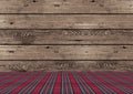 Rustic tradional wooden Christmas background with red and green plaid pattern ground Royalty Free Stock Photo