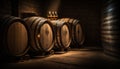 Rustic traditional cellar with barrels for wine storage