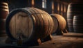 Rustic traditional cellar with barrels for wine storage