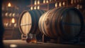 Rustic traditional cellar with barrels for wine storage