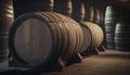 Rustic traditional cellar with barrels for wine storage