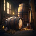 Rustic traditional cellar with barrels for wine storage