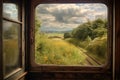 rustic train window view with passing countryside Royalty Free Stock Photo