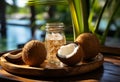 A Rustic Tray Adorned With Tropical Coconuts and Refreshing Beverage