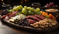 A rustic tray of gourmet delicatessen meat, cheese, bread generated by AI Royalty Free Stock Photo