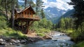 Rustic Treehouse Cabin Perched Above a Mountain Stream Royalty Free Stock Photo