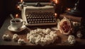 Rustic typewriter desk, old fashioned paper, nostalgia and memories fill space generated by AI