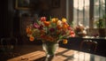 A rustic vase holds a bright bouquet of multi colored flowers generated by AI