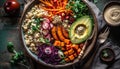 A rustic vegetarian bowl of quinoa, avocado, and fresh vegetables generated by AI