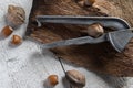 Rustic view of nutcracker and walnuts on wooden background Royalty Free Stock Photo