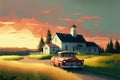 Rustic view with vintage pickup truck and old house under colorful sky Royalty Free Stock Photo