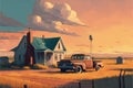 Rustic view with vintage pickup truck and old house under colorful sky Royalty Free Stock Photo